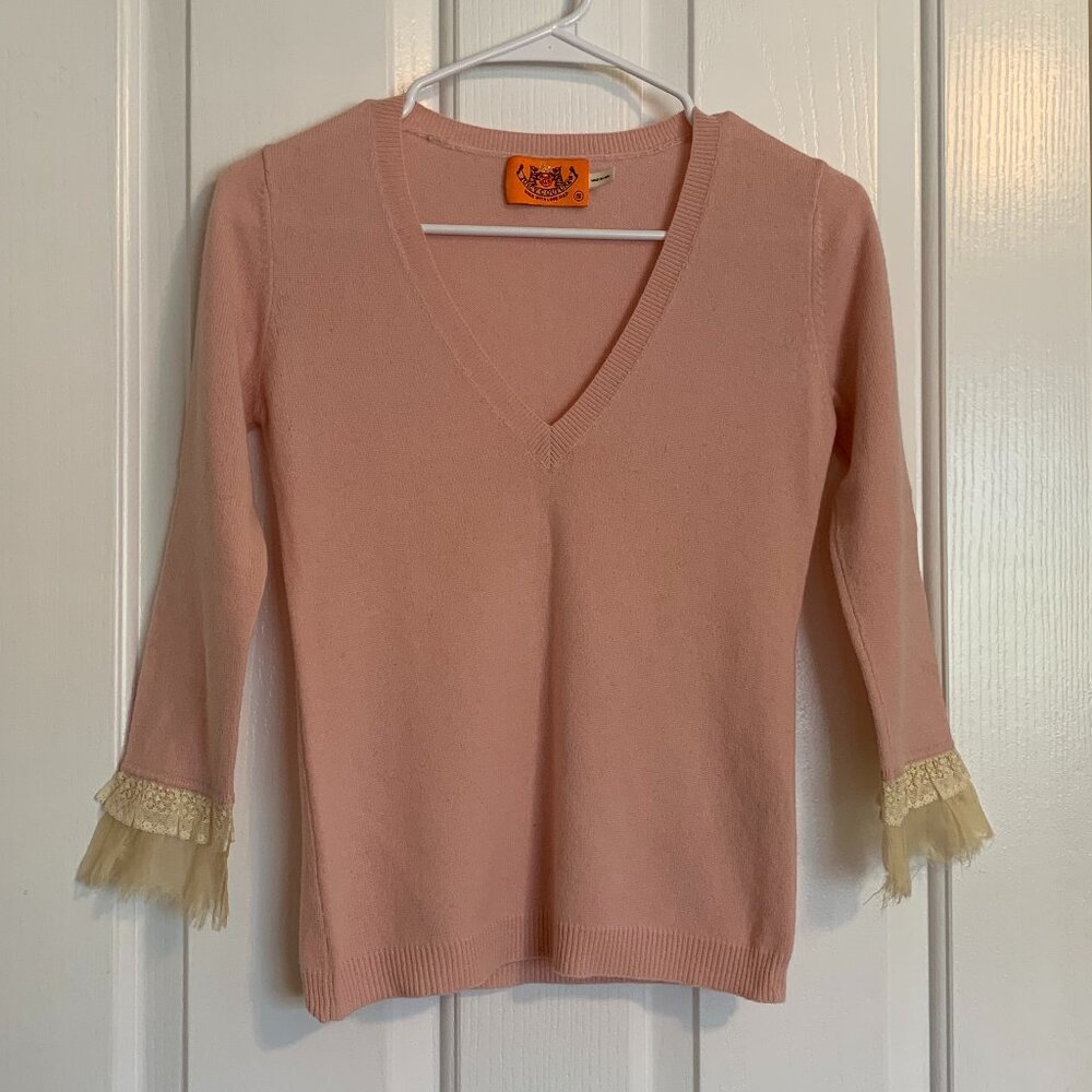 Small, light pink, cashmere, Juicy Couture V-neck sweater with lacy cuffs